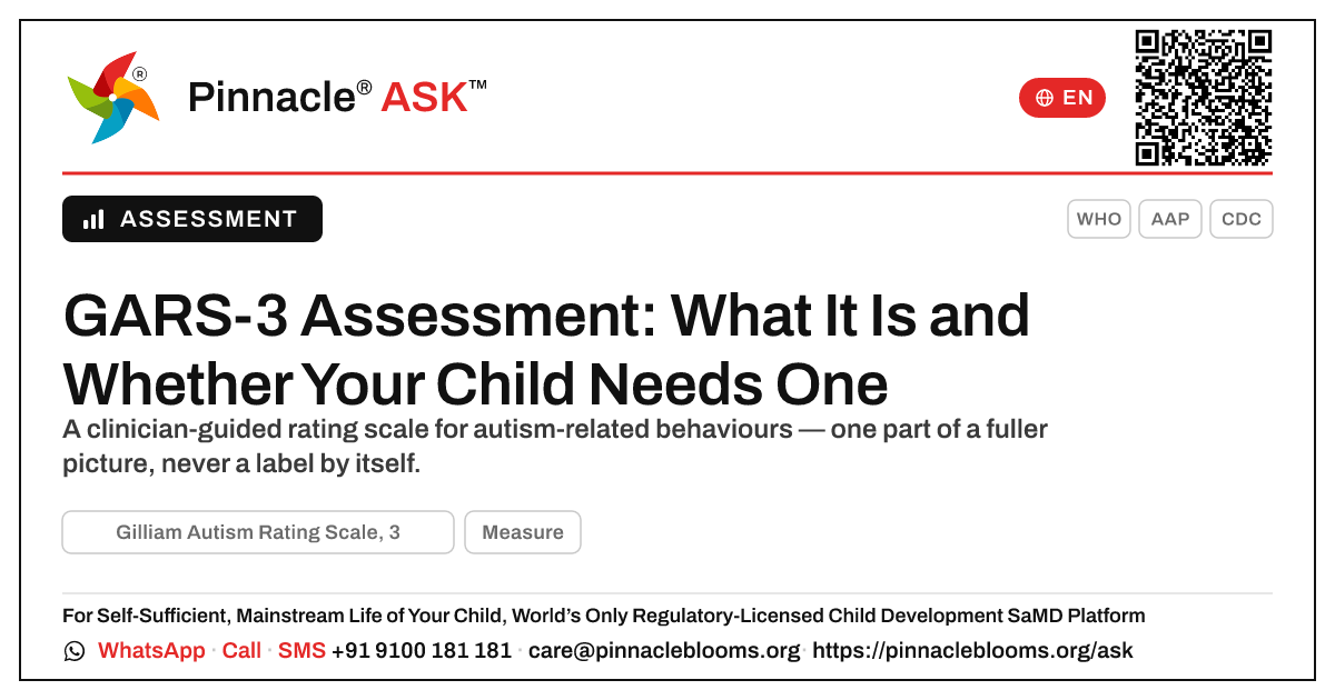 Should my child have a GARS-3 assessment, and what does it involve? — Pinnacle Ask answer card with a short explanation and QR link