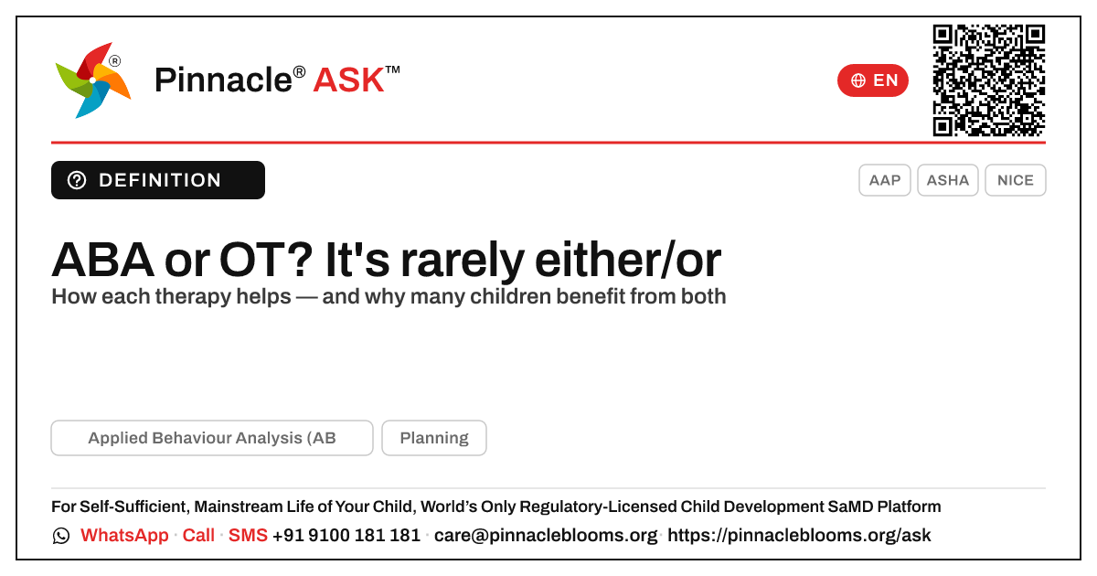 Should my child have ABA or occupational therapy? — Pinnacle Ask answer card with a short explanation and QR link