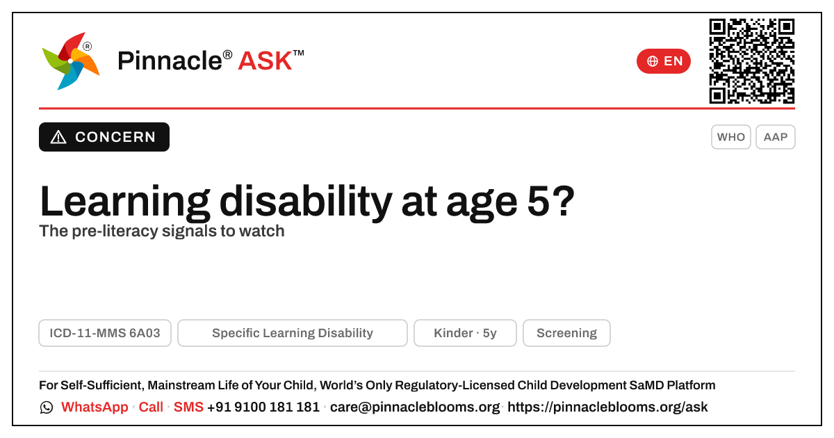 Specific learning disability at age 5: early signals — Pinnacle Ask answer card with a short explanation and QR link