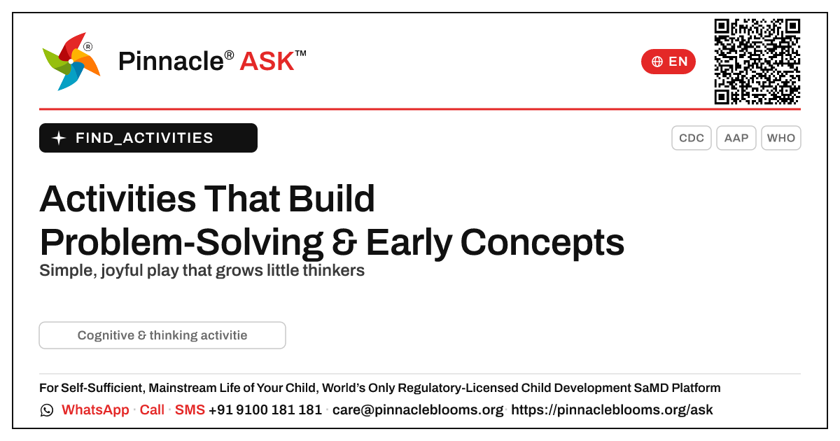 What activities build problem-solving, matching and early concepts? — Pinnacle Ask answer card with a short explanation and QR link