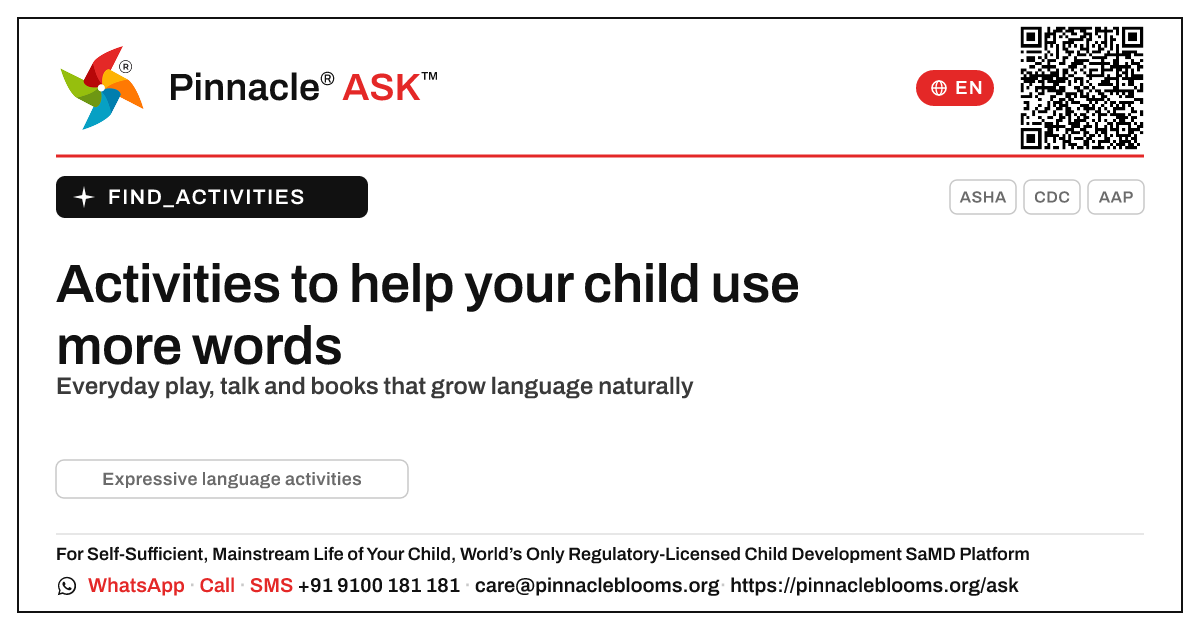 Activities to help your child use more words and sentences — Pinnacle Ask answer card with a short explanation and QR link