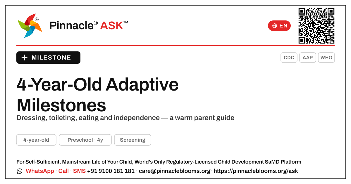 What adaptive milestones should a 4-year-old reach? — Pinnacle Ask answer card with a short explanation and QR link