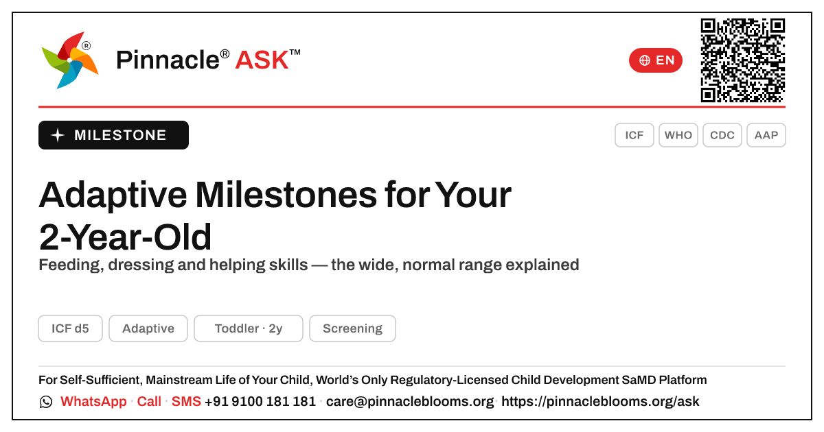 What Adaptive milestones should my 2-year-old have reached? — Pinnacle Ask answer card with a short explanation and QR link