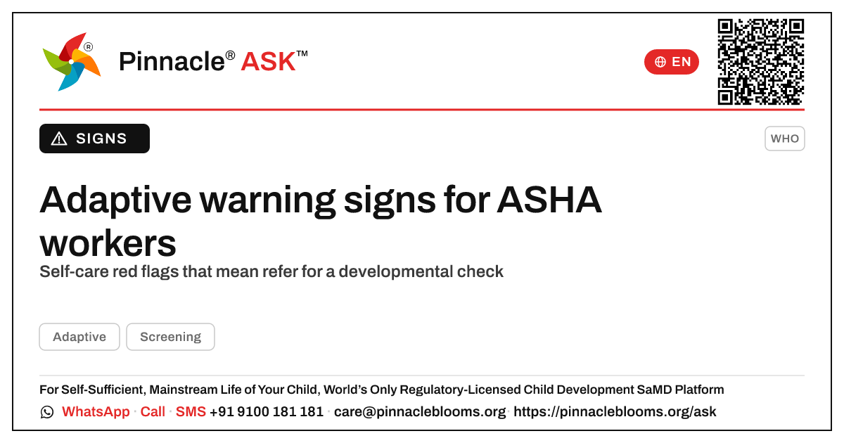 What adaptive warning signs should an ASHA worker act on? — Pinnacle Ask answer card with a short explanation and QR link