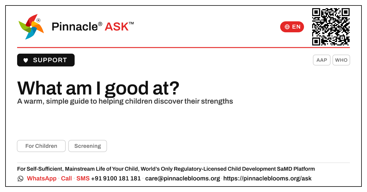 What am I good at? — Pinnacle Ask answer card with a short explanation and QR link