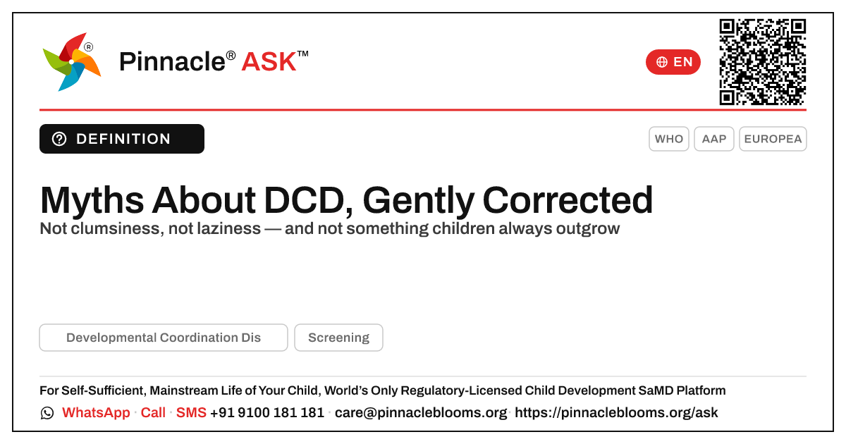 What are common myths about Developmental Coordination Disorder? — Pinnacle Ask answer card with a short explanation and QR link