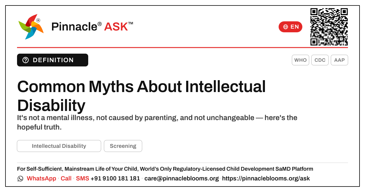 What are common myths about Intellectual Disability? — Pinnacle Ask answer card with a short explanation and QR link