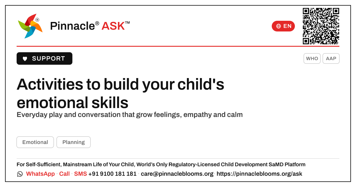 Activities to develop your child's emotional skills — Pinnacle Ask answer card with a short explanation and QR link