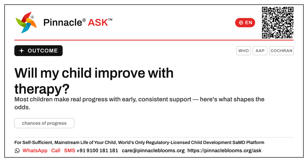 What are the chances my child will improve with therapy? — Pinnacle Ask answer card with a short explanation and QR link