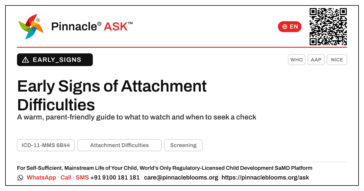 What are the early signs of Attachment Difficulties? — Pinnacle Ask answer card with a short explanation and QR link