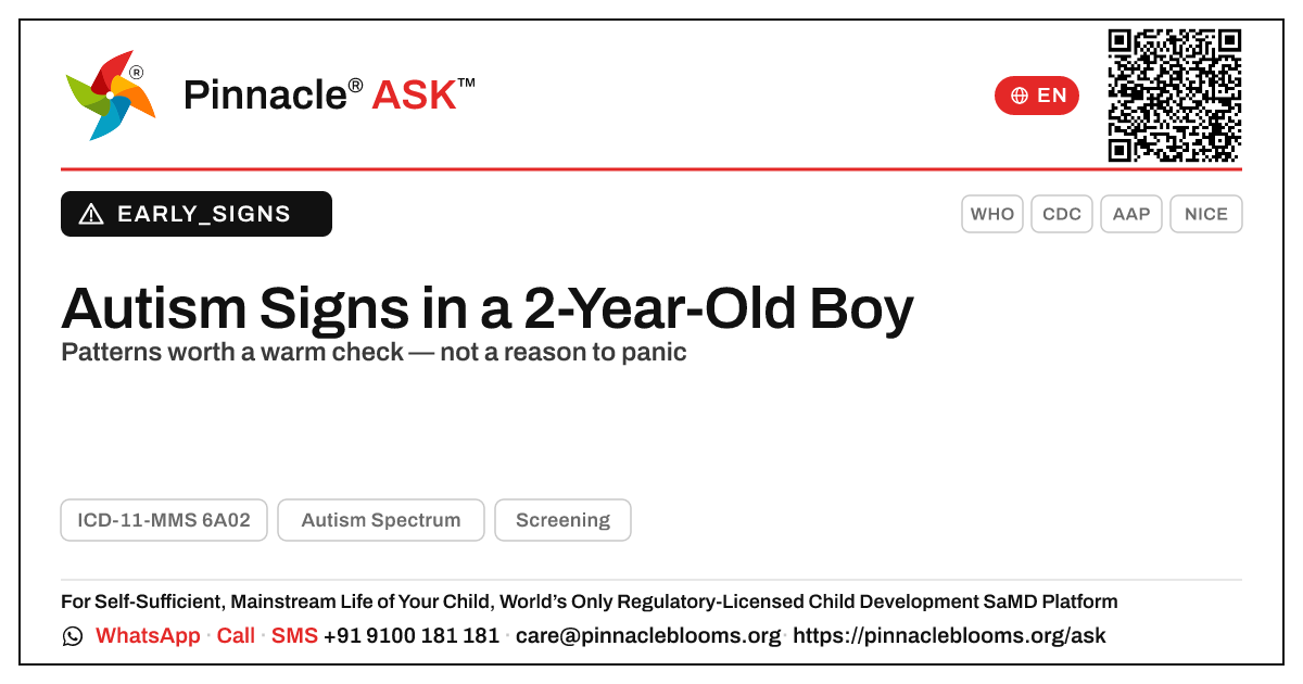 Early Signs of Autism Spectrum in a 2-Year-Old Boy — Pinnacle Ask answer card with a short explanation and QR link