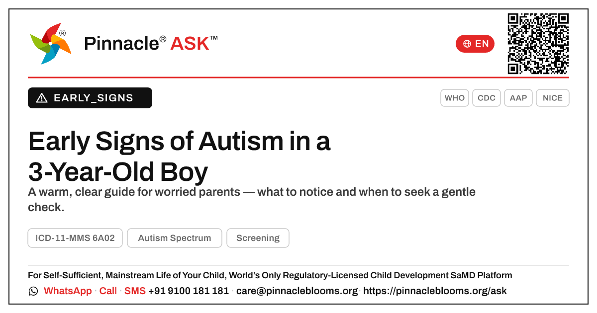 Early Signs of Autism Spectrum in a 3-Year-Old Boy — Pinnacle Ask answer card with a short explanation and QR link