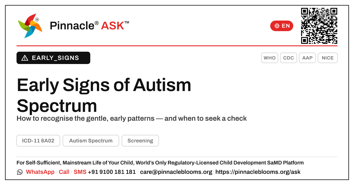 What are the early signs of Autism Spectrum? — Pinnacle Ask answer card with a short explanation and QR link