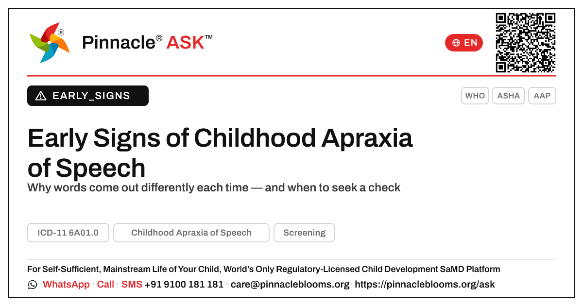 What are the early signs of Childhood Apraxia of Speech in young children? — Pinnacle Ask answer card with a short explanation and QR link