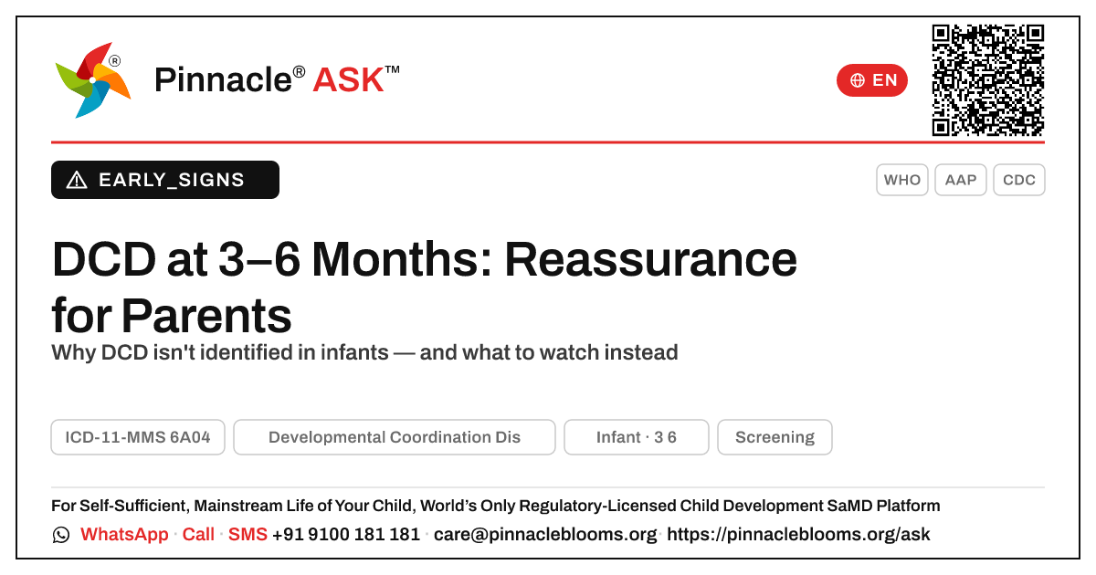 Early Signs of Developmental Coordination Disorder at 3–6 Months — Pinnacle Ask answer card with a short explanation and QR link
