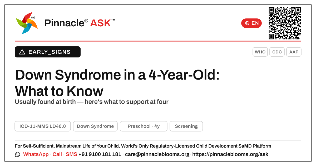 Early signs of Down syndrome in a 4-year-old — Pinnacle Ask answer card with a short explanation and QR link