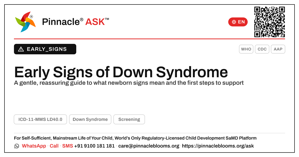 What are the early signs of Down Syndrome? — Pinnacle Ask answer card with a short explanation and QR link