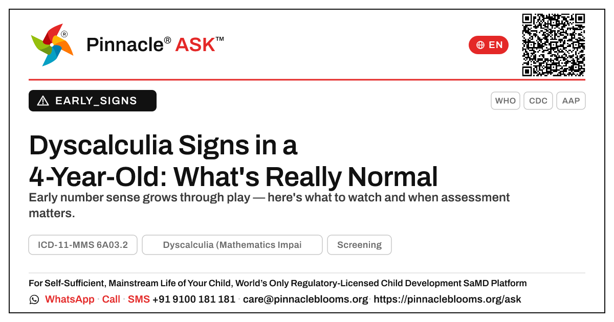 Early Signs of Dyscalculia in a 4-Year-Old Boy — Pinnacle Ask answer card with a short explanation and QR link