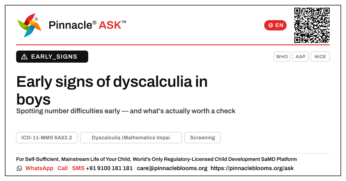 Early signs of dyscalculia (maths impairment) in boys — Pinnacle Ask answer card with a short explanation and QR link