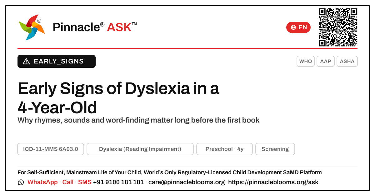 Early Signs of Dyslexia in a 4-Year-Old — Pinnacle Ask answer card with a short explanation and QR link