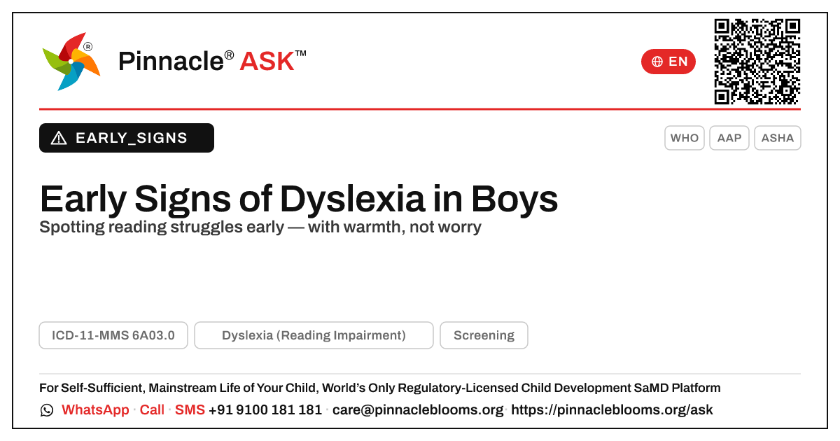 Early Signs of Dyslexia in Boys — Pinnacle Ask answer card with a short explanation and QR link