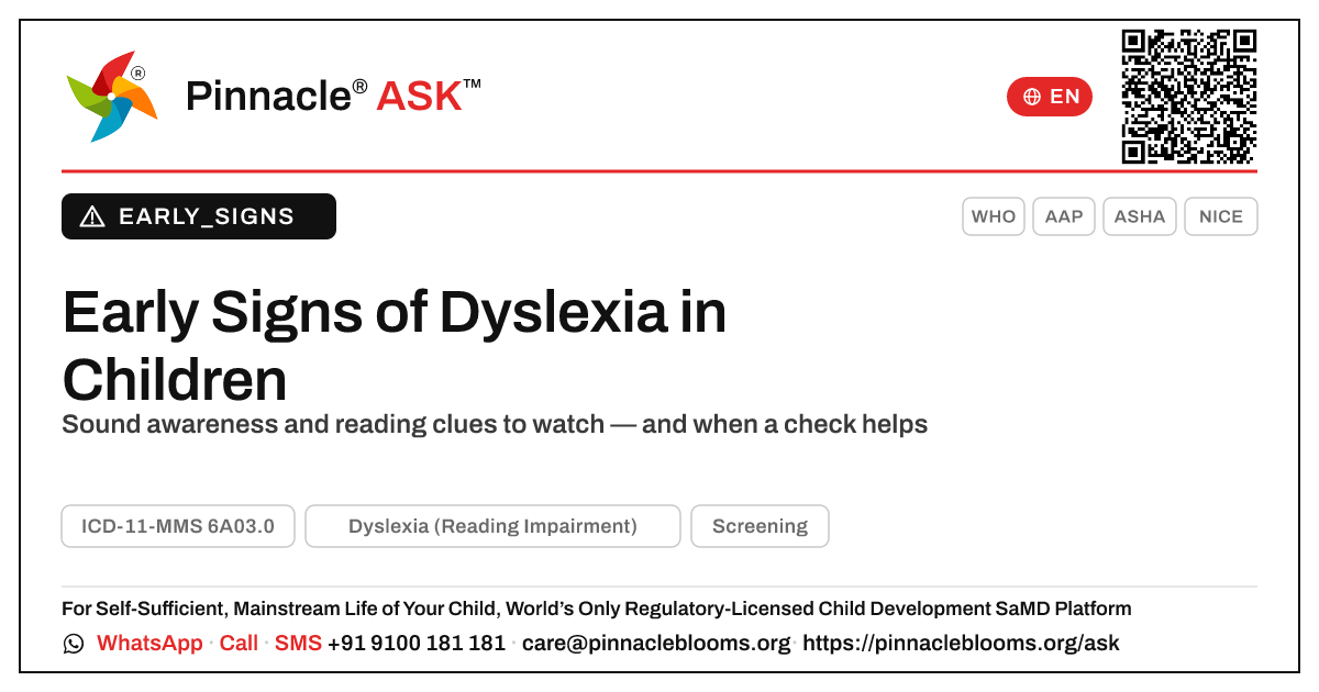Early Signs of Dyslexia (Reading Impairment) — Pinnacle Ask answer card with a short explanation and QR link