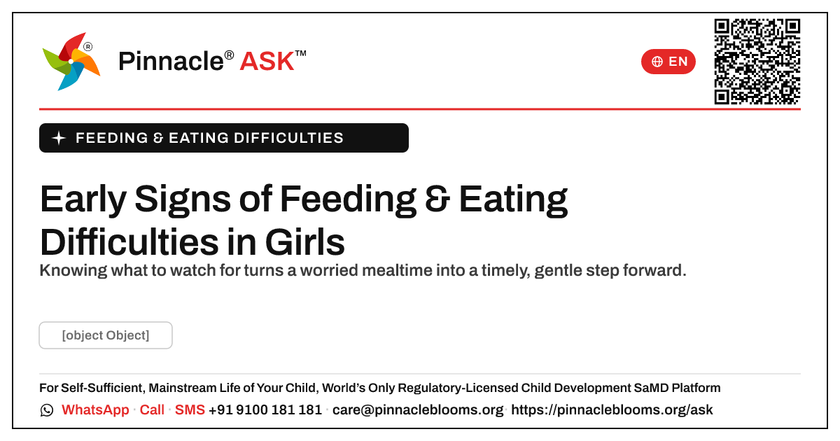 Early Signs of Feeding & Eating Difficulties in Girls — Pinnacle Ask answer card with a short explanation and QR link