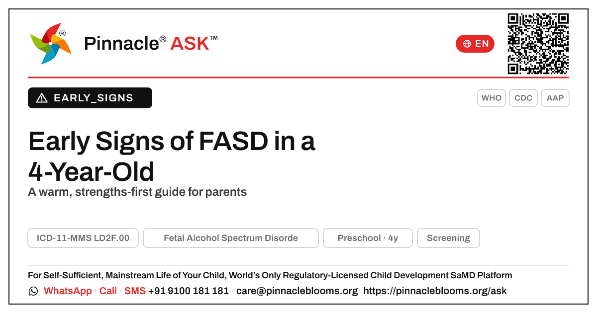 Early Signs of Fetal Alcohol Spectrum Disorder at 4 Years — Pinnacle Ask answer card with a short explanation and QR link