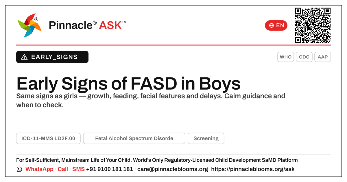 Early Signs of Fetal Alcohol Spectrum Disorder in Boys — Pinnacle Ask answer card with a short explanation and QR link