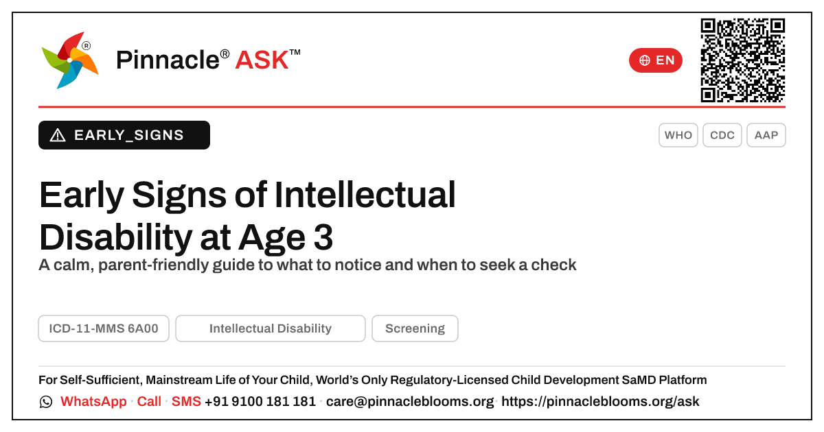 Early Signs of Intellectual Disability in a 3-Year-Old Boy — Pinnacle Ask answer card with a short explanation and QR link