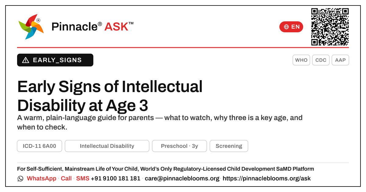 Early Signs of Intellectual Disability in a 3-Year-Old — Pinnacle Ask answer card with a short explanation and QR link