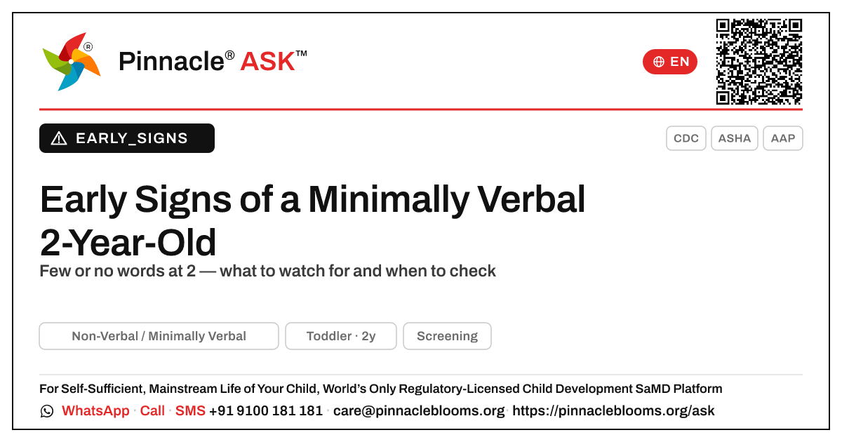 Early Signs of a Minimally Verbal 2-Year-Old — Pinnacle Ask answer card with a short explanation and QR link