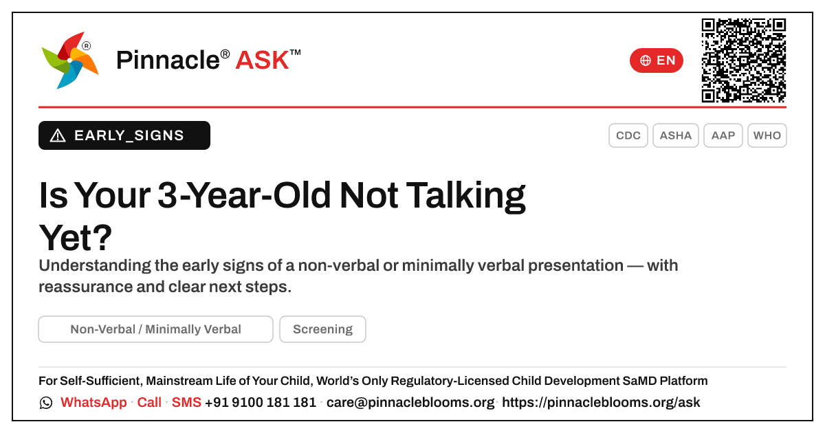 Early Signs of a Non-Verbal or Minimally Verbal 3-Year-Old — Pinnacle Ask answer card with a short explanation and QR link