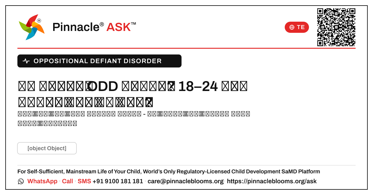 18–24 నెలల వయస్సులో ODD యొక్క ప్రారంభ సంకేతాలు — Pinnacle Ask answer card with a short explanation and QR link