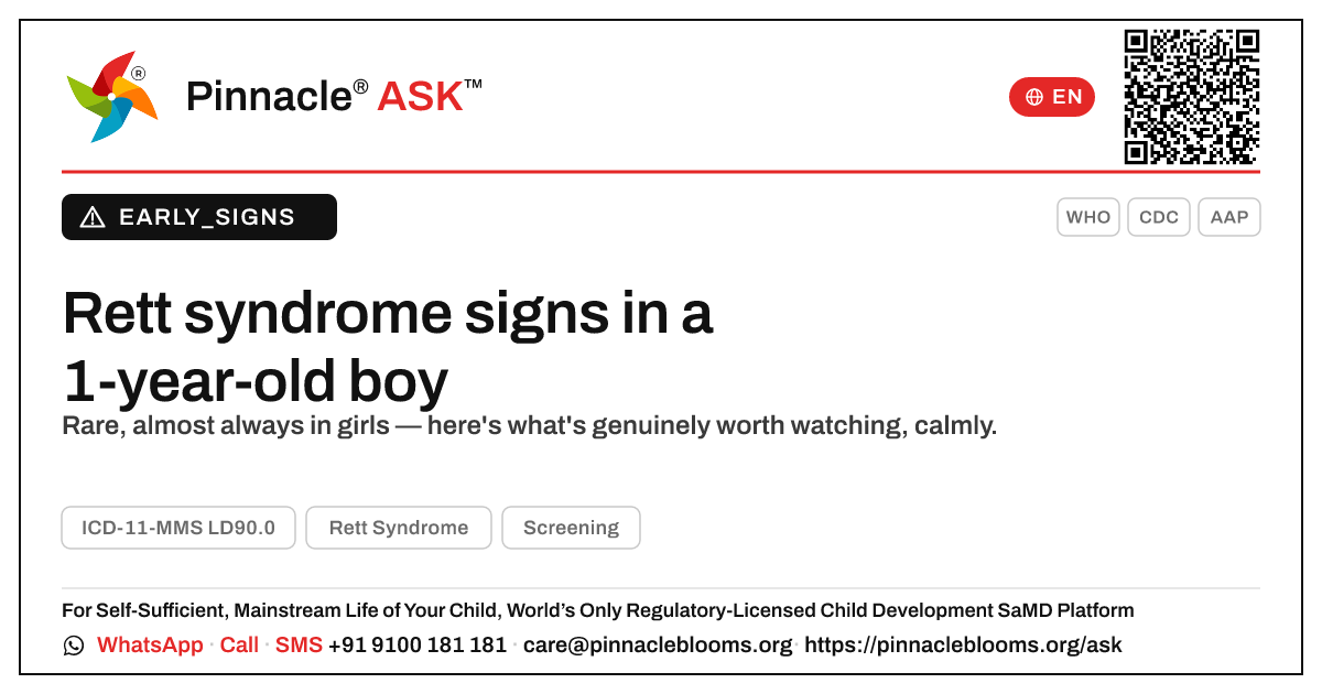 Early signs of Rett syndrome in a 1-year-old boy — Pinnacle Ask answer card with a short explanation and QR link