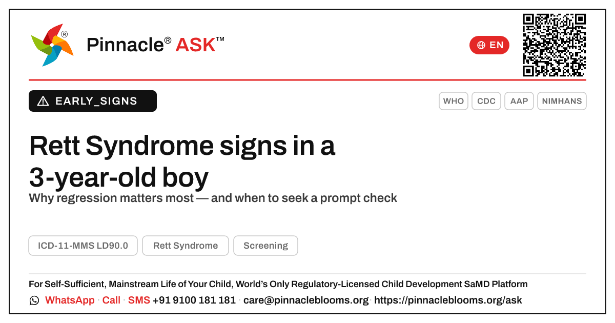 Early signs of Rett Syndrome in a 3-year-old boy — Pinnacle Ask answer card with a short explanation and QR link