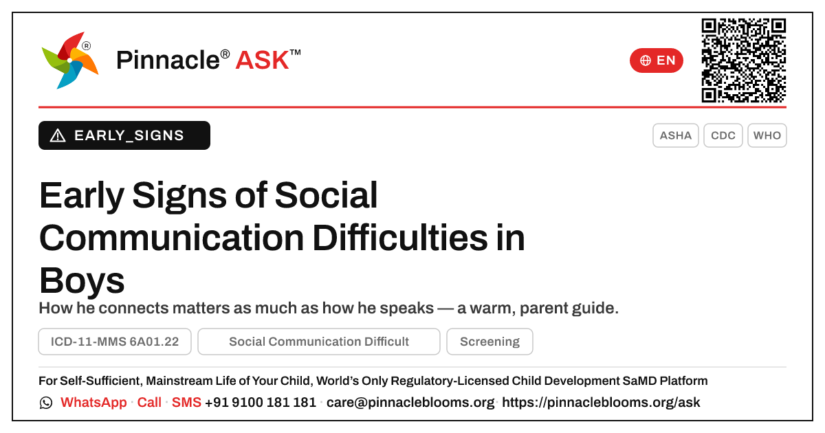 Early Signs of Social Communication Difficulties in Boys — Pinnacle Ask answer card with a short explanation and QR link