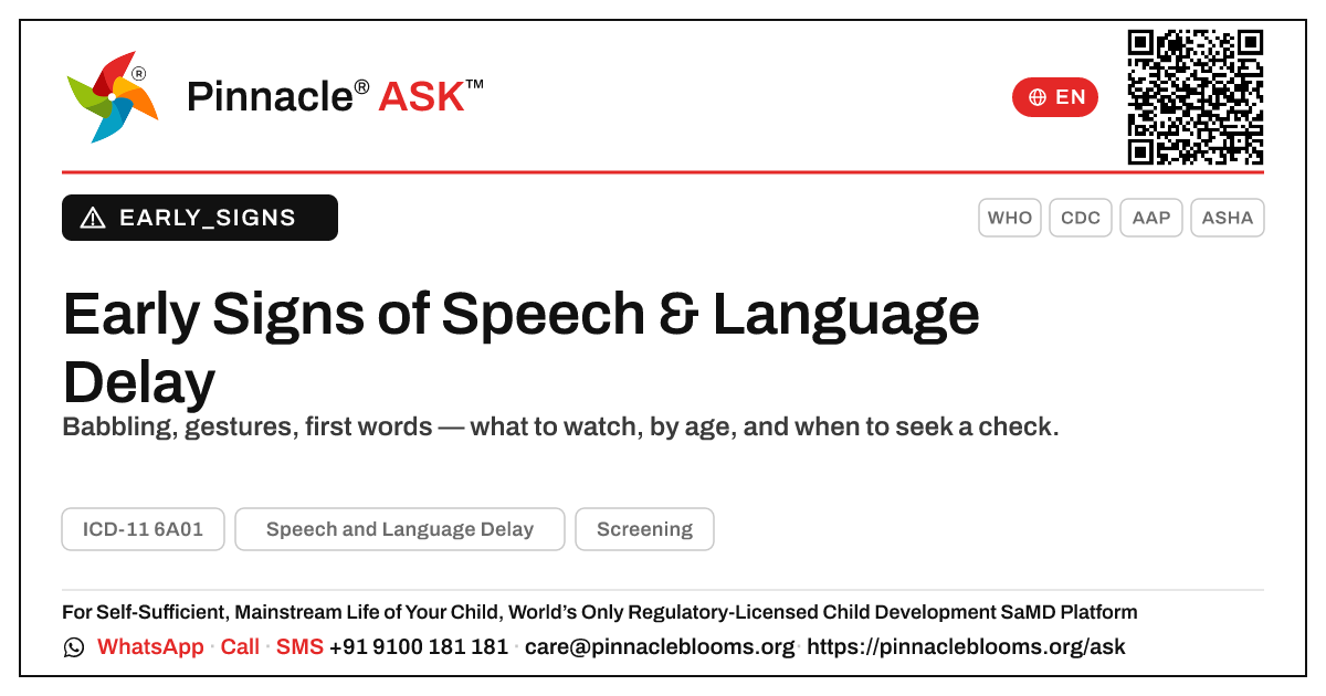 Early Signs of Speech and Language Delay — Pinnacle Ask answer card with a short explanation and QR link