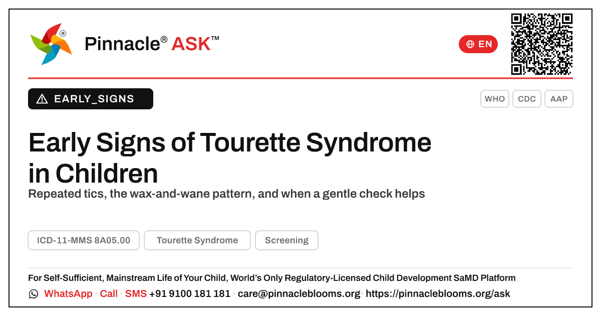 Early Signs of Tourette Syndrome in Young Children — Pinnacle Ask answer card with a short explanation and QR link