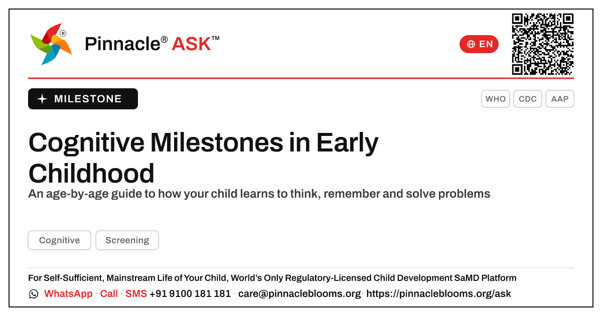 Key Cognitive Milestones in Early Childhood — Pinnacle Ask answer card with a short explanation and QR link