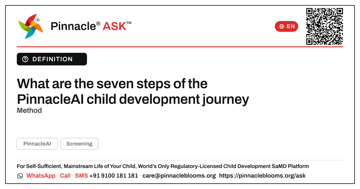 What are the seven steps of the PinnacleAI child development journey? — Pinnacle Ask answer card with a short explanation and QR link