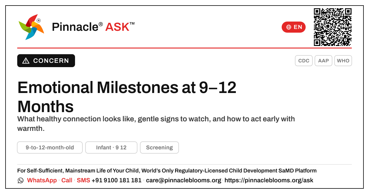 Signs of Emotional Delay in a 9-to-12-Month-Old — Pinnacle Ask answer card with a short explanation and QR link