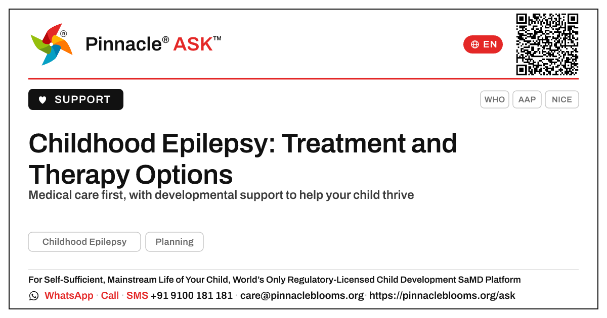 Treatment and Therapy Options for Childhood Epilepsy — Pinnacle Ask answer card with a short explanation and QR link