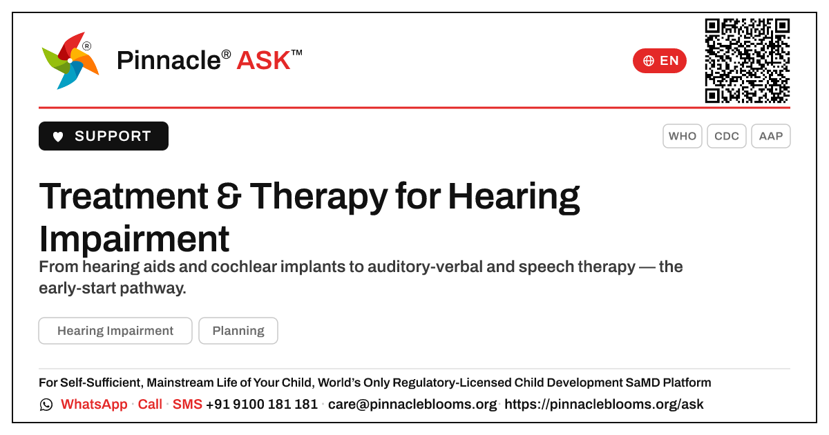 Treatment and Therapy Options for Hearing Impairment — Pinnacle Ask answer card with a short explanation and QR link
