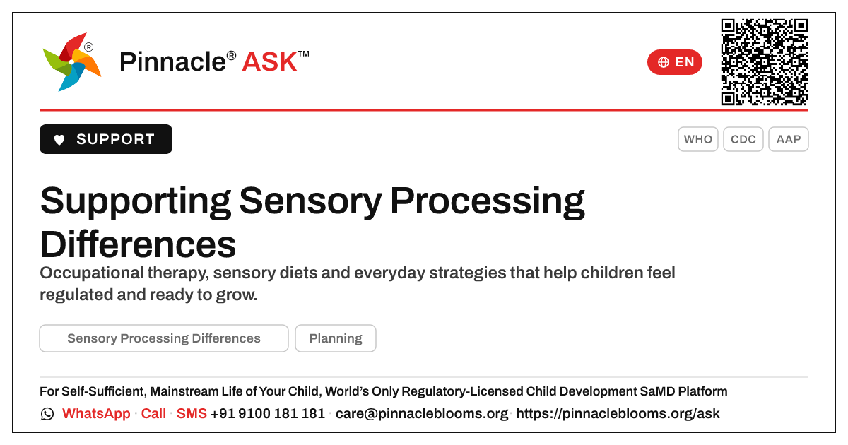 Treatment and Therapy Options for Sensory Processing Differences — Pinnacle Ask answer card with a short explanation and QR link