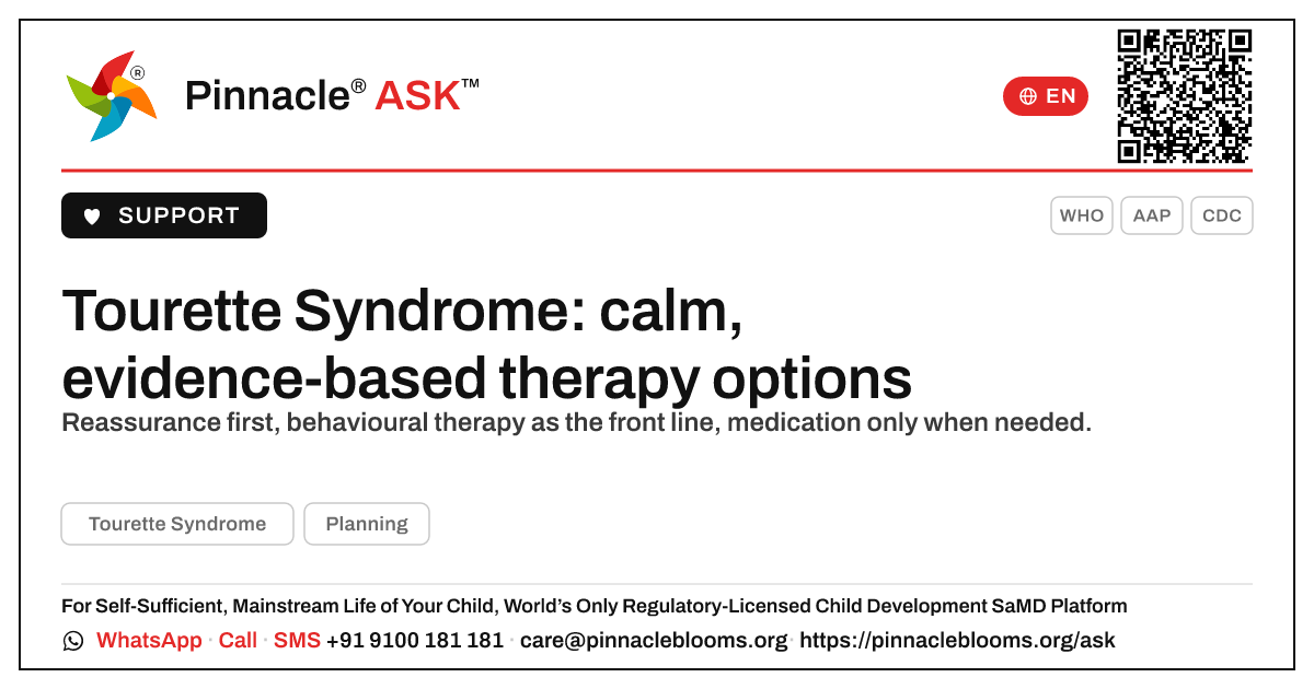 What are the treatment and therapy options for Tourette Syndrome? — Pinnacle Ask answer card with a short explanation and QR link