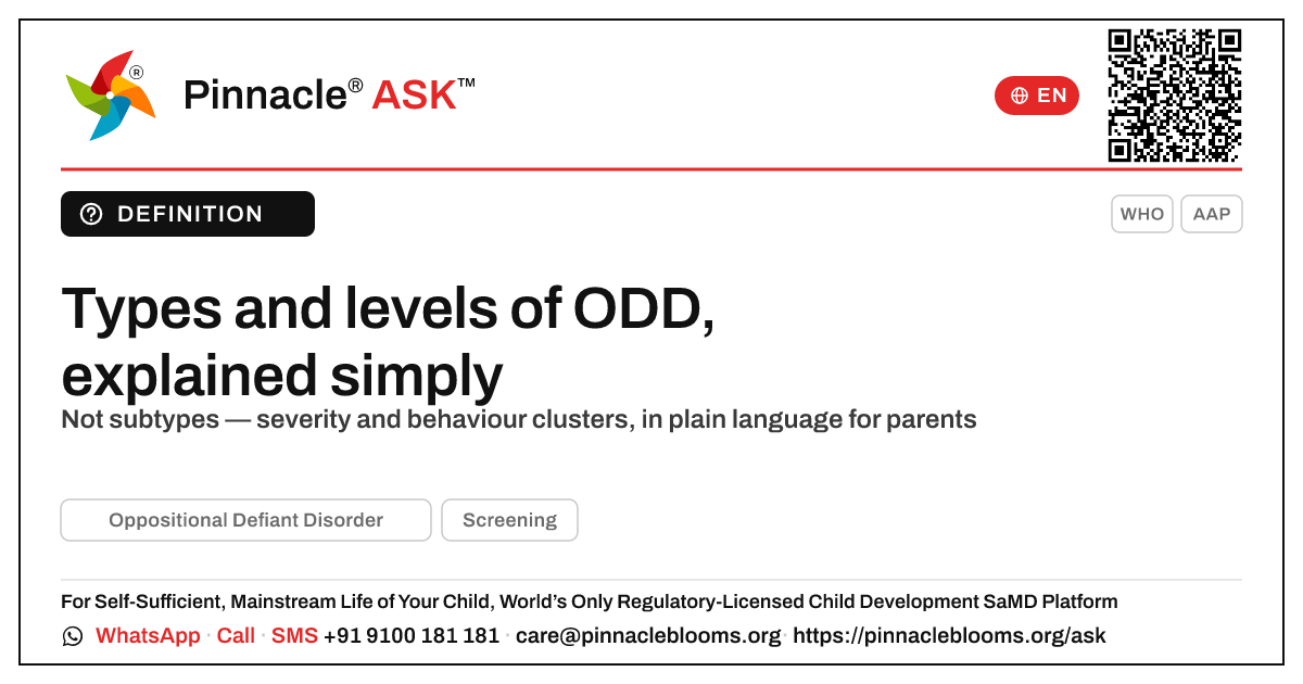 What are the types or levels of Oppositional Defiant Disorder? — Pinnacle Ask answer card with a short explanation and QR link