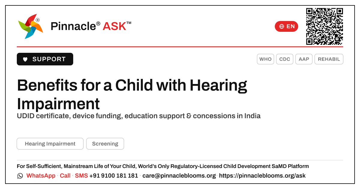 What benefits is a child with Hearing Impairment entitled to? — Pinnacle Ask answer card with a short explanation and QR link