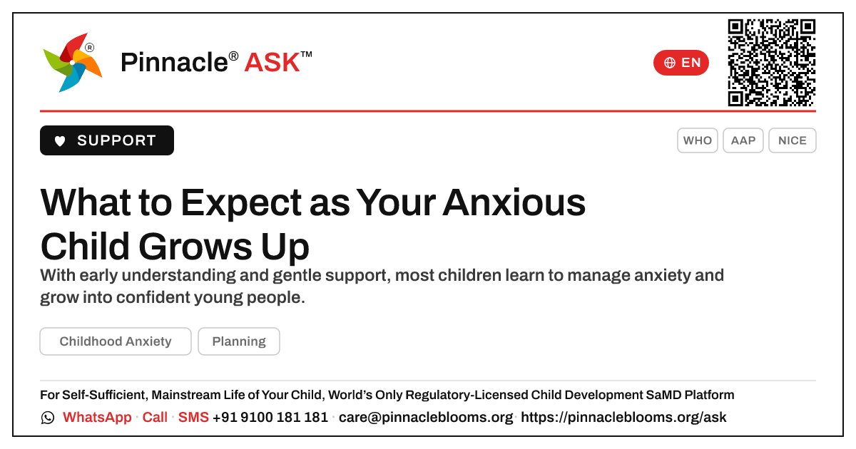What can I expect as my child with Childhood Anxiety grows up? — Pinnacle Ask answer card with a short explanation and QR link