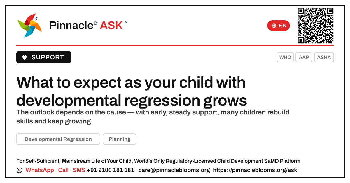What to expect as your child with developmental regression grows up — Pinnacle Ask answer card with a short explanation and QR link